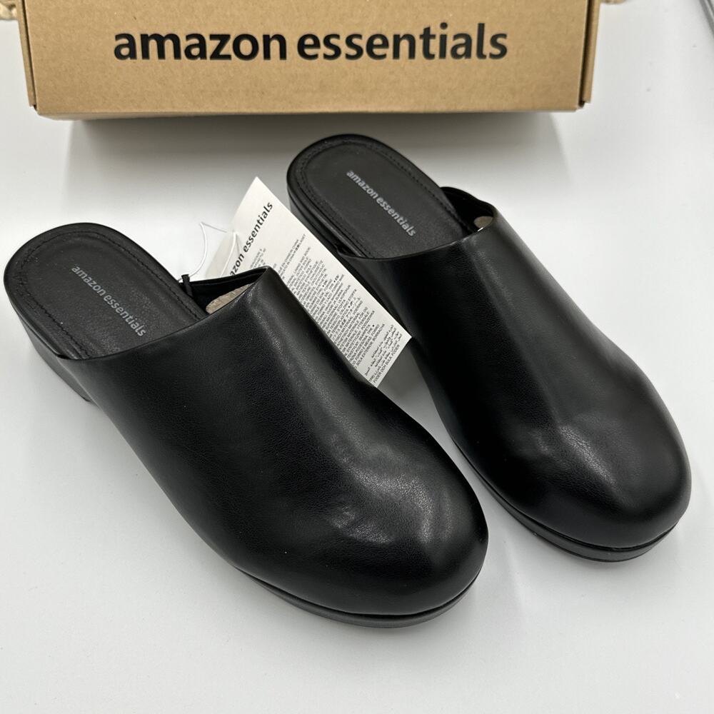 Amazon Essentials Slip On Clog Shoe Womens Black Mule Faux Leather Round Toe NEW